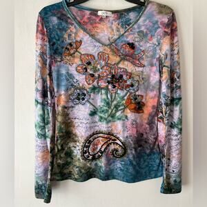 Cache VTG Embellished Floral Paisley Top SZ L Y2K Artsy Boho Art to Wear 90'S